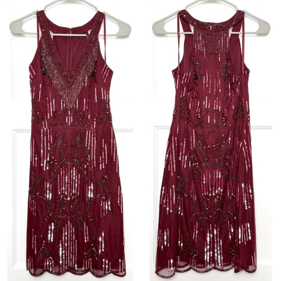 AIDAN MATTOX Beaded Fringe Sequined Tulle V-Neck Sleeveless‎ Scallop Hem Dress 2 - Picture 4 of 9